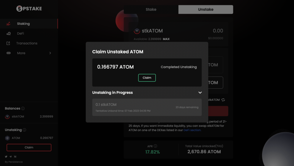 Claiming unstaked ATOM while liquid staking on pSTAKE